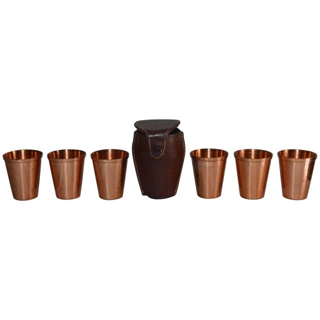 Copper Shot Glasses in Leather Travel Case For Sale