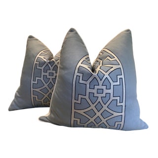 Schumacher Mary McDonald "Don't Fret" in Sky Linen Embroidered Pillows- a Pair For Sale