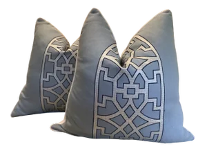 Schumacher Mary McDonald Don't Fret in Sky Linen Embroidered Pillows- a Pair