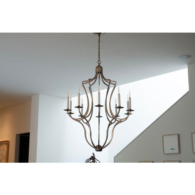 English Paul Ferrante Custom Antiqued Silver Leaf 10 Bulb Hand Forged Candelabra For Sale - Image 3 of 9