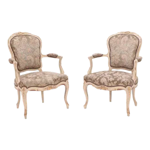 A Pair of Painted and Giltwood French Upholstered Open Armchairs in the Louis XV Style Circa 1900.