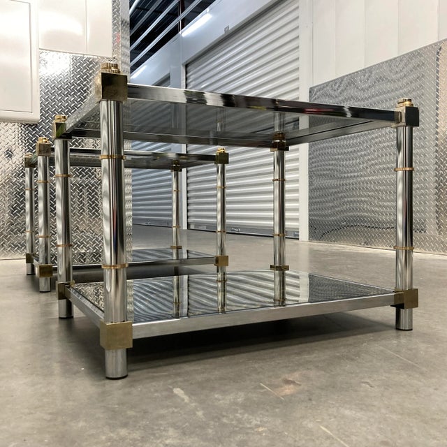 Metal Modern Chrome Brass & Tiered Glass End Tables Manner of Mastercraft For Sale - Image 7 of 13