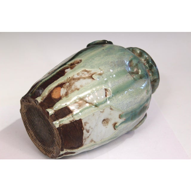 Gray 1930s Awaji Pottery Manipulated Drip Glaze Ring Handled Vase For Sale - Image 8 of 10