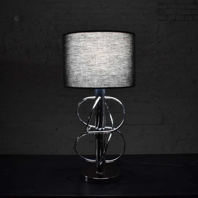 Chrome Vintage Mid-Century Modern Polished Chrome Table Lamp New Black Drum Shade For Sale - Image 8 of 13