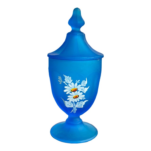 Vintage Westmoreland Blue Satin Glass Candy Dish With Lid – Hand-Painted Floral Compote For Sale