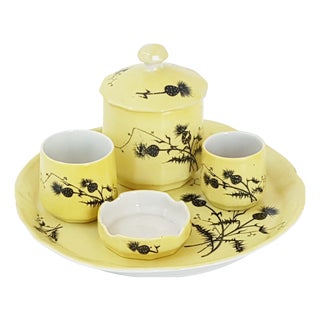 Art Deco Yellow Ceramic Tobacco Set with Thistle Decoration, 1930, Set of 5 For Sale