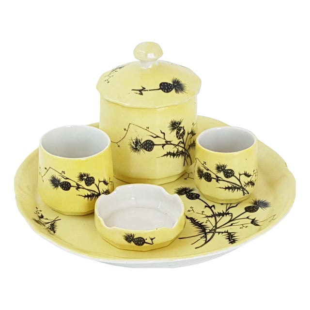 Art Deco Yellow Ceramic Tobacco Set with Thistle Decoration, 1930, Set of 5 For Sale