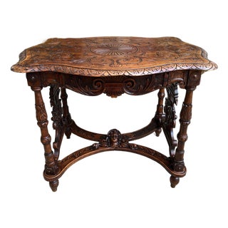 Antique French Sofa Hall Table Carved Oak Renaissance Revival Cherub End Table For Sale