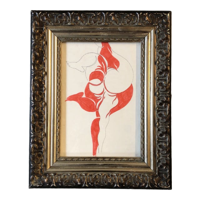 Original Vintage Abstract Nude Marker Drawing Framed For Sale