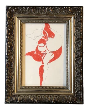 Original Vintage Abstract Nude Marker Drawing Framed