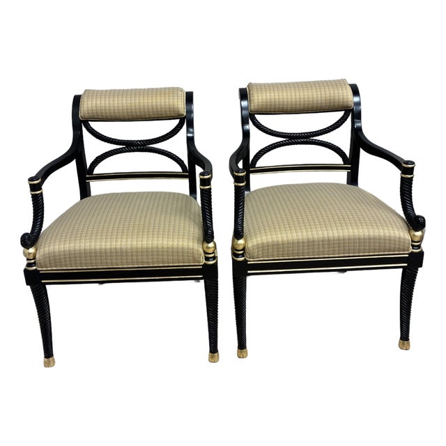 Early 20th Century Regency Black and Gold Open Back Arm Chairs For Sale