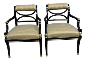 Early 20th Century Regency Black and Gold Open Back Arm Chairs