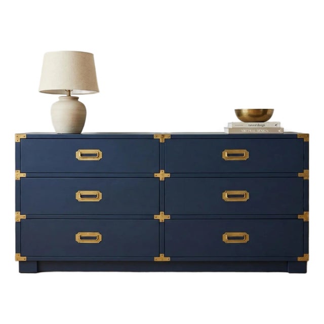 Fully Refinished 1966 Drexel Campaign 6-Drawer Dresser and a Matching Nightstand in Old Navy, 2 Pieces For Sale