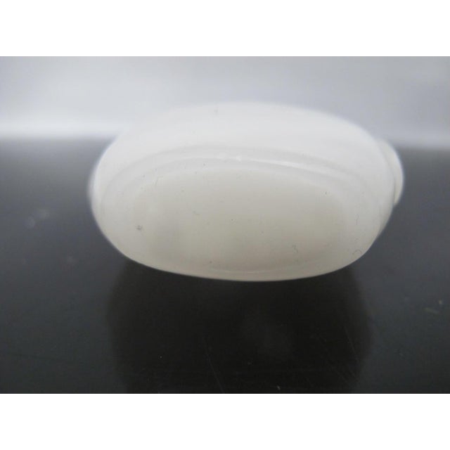 Chinese Carved Masks White Peking Glass Snuff Bottle With Green Top For Sale - Image 9 of 11