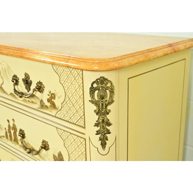 Baker Furniture Style French Regency Louis XVI Chinoiserie Cream Lacquered Dresser Chest For Sale - Image 10 of 17