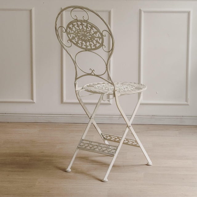 Metal Folding Garden Seating Set with Openwork Ornamentation White Metal, Set of 3 For Sale - Image 7 of 15