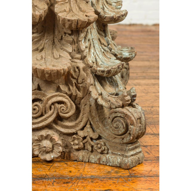 Beige Indian Antique Corinthian Temple Capital Carving with Distressed Patina For Sale - Image 8 of 13