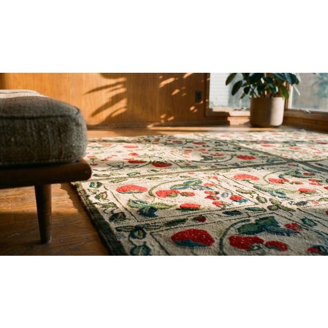 1920s Ivory Floral Folk Art Antique American Hooked Rug 6'3" X 6'4" Handknotted Wool Carpet For Sale - Image 12 of 13