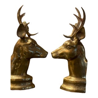 Pair Large Brass Buck Deer Bookends For Sale