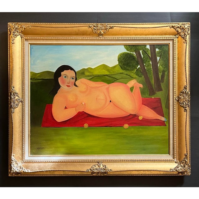 Oil painting on hand stretched Belgian linen of a reclining nude by Satori Gregorakis and influenced by Botero. The rotund...
