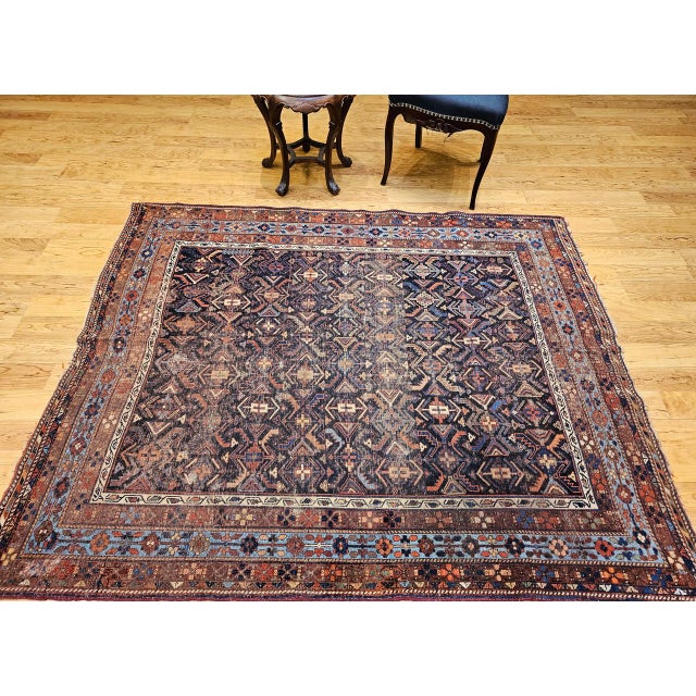 19th Century Persian Afshar Tribal Rug, Handwoven Wool, All-Over Geometric Pattern, Navy & Blue, 5x6 For Sale In Chicago - Image 6 of 18