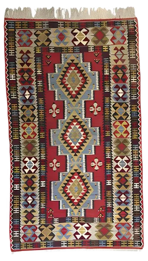 Vintage Turkish Blue, Red, Black & Beige Wool Tribal Kilim Rug, 1960s