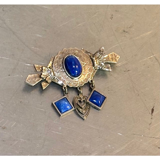 Native American Style Silver Tone / Lapis Dangle Brooch For Sale - Image 4 of 5