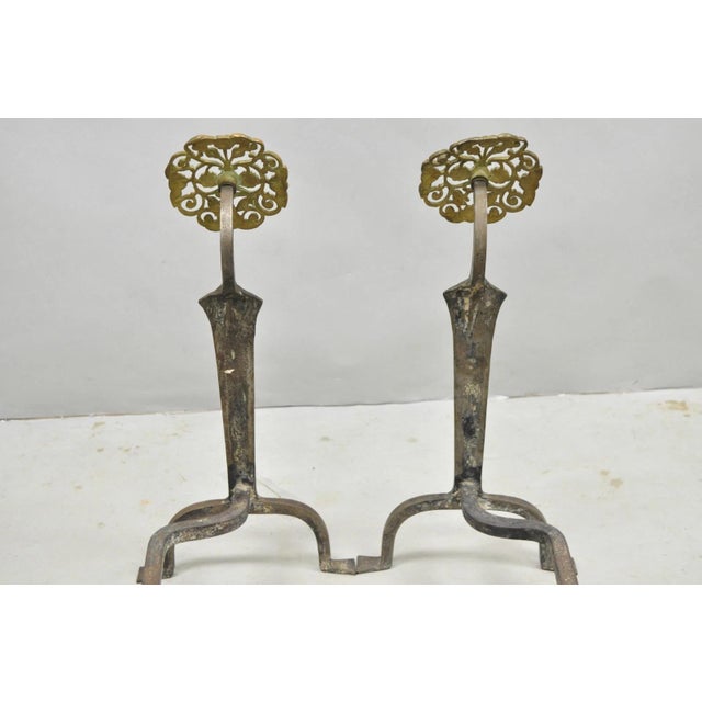 Antique French Art Nouveau Hand Hammered Wrought Iron & Bronze Andirons - A Pair For Sale - Image 11 of 15