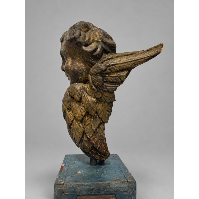 19th Century, Italian Giltwood Winged Cherub Fragment on Faux Marbleized Base For Sale - Image 10 of 11