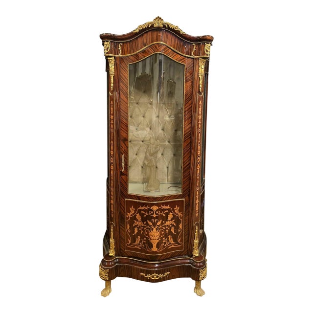 Grand French Louis XV Vitrine Cabinet – Ornate Solid Wood Display Case With Gilded Details For Sale