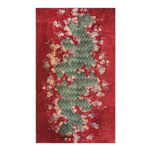 1920s Red Claret Abstract Floral Antique Chinese Art Deco Rug 10'x17' 6" Handknotted Wool Carpet For Sale