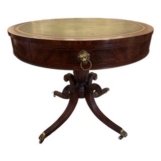 1900’s Antique Mahogany Drum Table With Leather Top For Sale