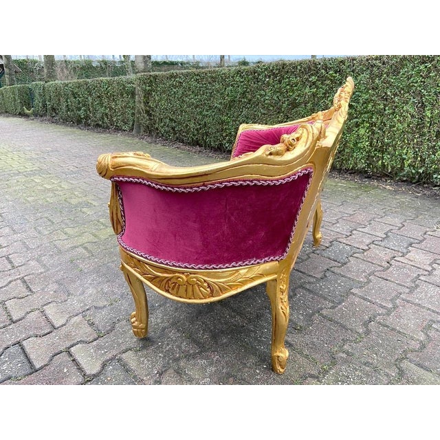 Late 20c French Louis XVI Red Velvet Gilt Beech Settee For Sale - Image 12 of 13