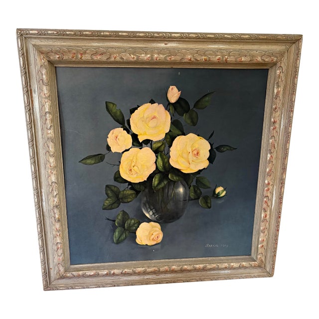 Midcentury 1969 Framed Yellow Rose Wall Decor For Sale