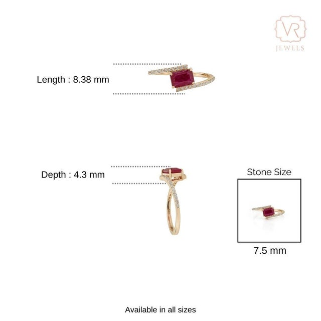 1.25ct Emerald Cut Prong Set Red Ruby Diamond Bypass Ring Size 6.5 in 14k Gold For Sale - Image 12 of 17