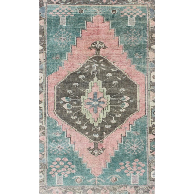 Teal, Brown & Salmon-Colored Vintage Turkish Oushak Rug With Geometric Medallion For Sale - Image 4 of 7
