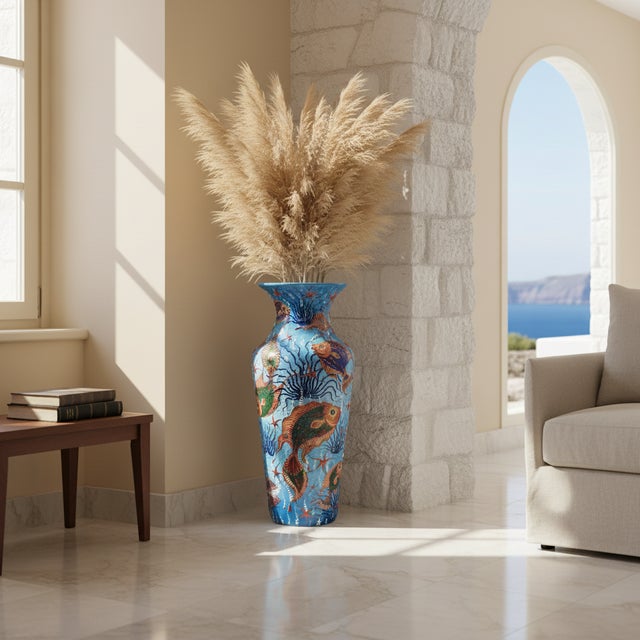 Turkish Handmade Ceramic Grand Column Vase (50cm) Embossed Aegean Aquarium & Coral Reef Floor Vase For Sale - Image 3 of 10