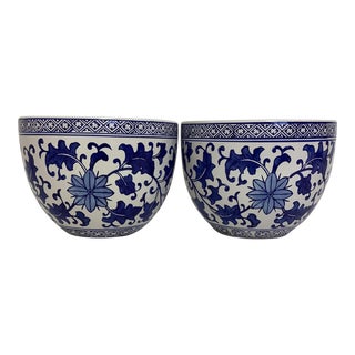 Vintage Chinoiserie Hand Painted Blue & White Planters - a Pair For Sale