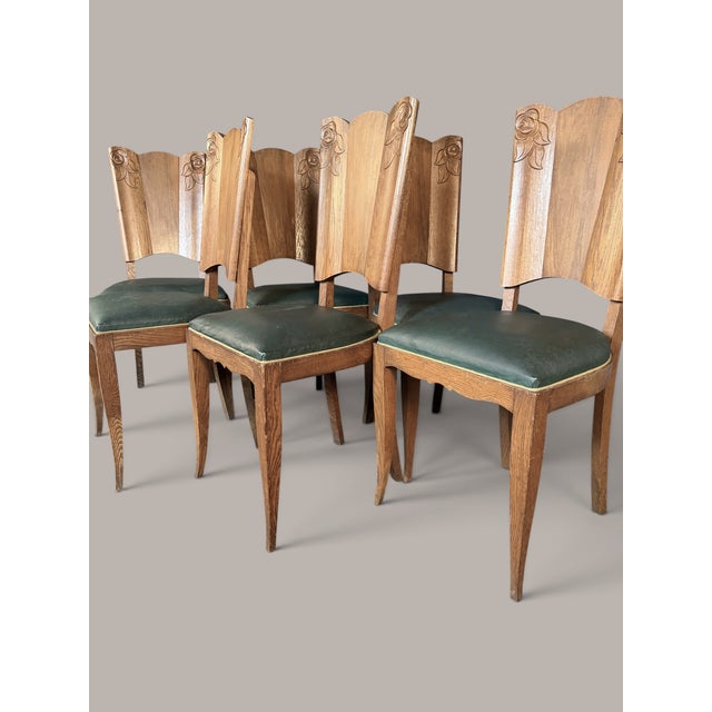 Art Nouveau Dining Chairs in Oak with Carved Rose Motifs, 1920, Set of 6 For Sale - Image 6 of 9