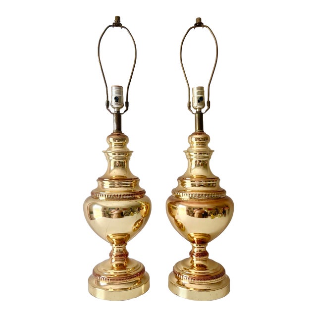 Vintage Lacquered Beaded Brass Regency Style Table Lamps; A Pair For Sale