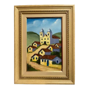 1970s Vintage Brazilian Oil on Canvas Village Scene Painting, Framed