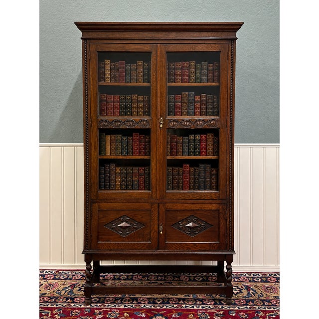 Wood Antique English Bookcase Bookshelf Cabinet Double Door Barley Twist Oak c.1930s For Sale - Image 7 of 17