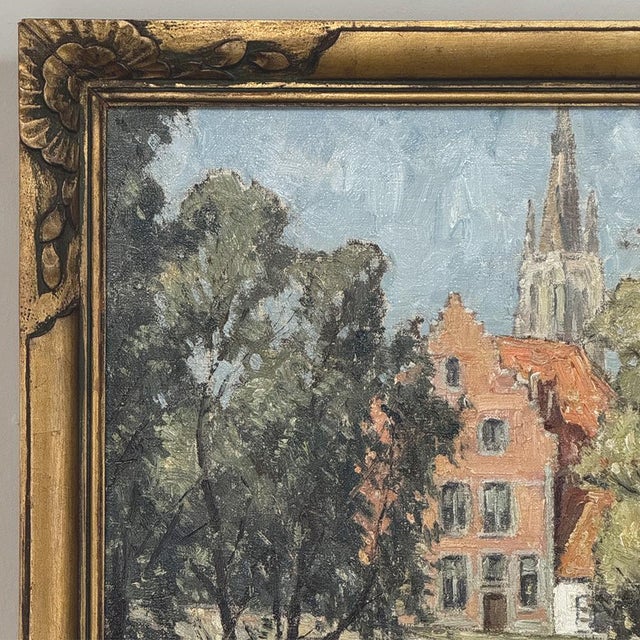 Antique Framed Oil Painting on Canvas Signed DeMeer ~ 'View of Bruges' For Sale In Dallas - Image 6 of 15