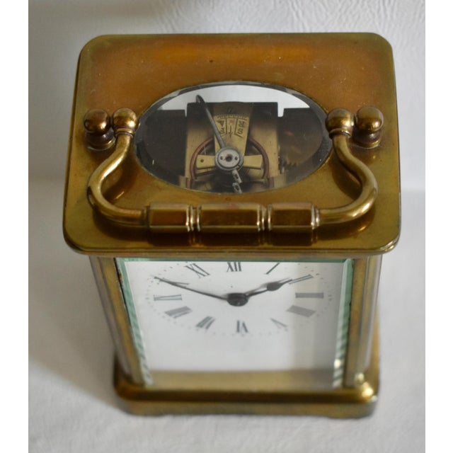 French Brass Corniche Carriage Clock Antique French Beveled Glass Mechanical For Sale - Image 3 of 15