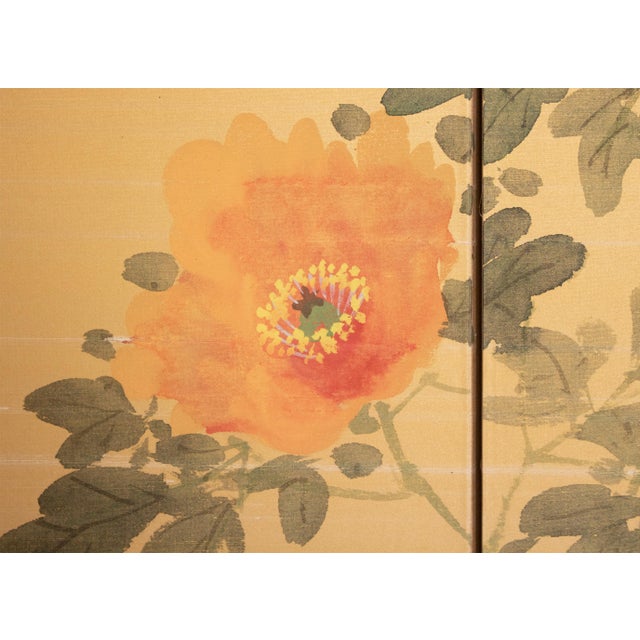 1950-1960s Shōwa Era Japanese Painted Silk Byobu Screen "Peonies" For Sale - Image 4 of 18