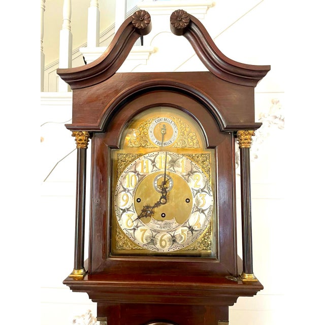 Antique Victorian Mahogany Eight Bell Musical Grandfather Clock by Winsor Bishop Norwich, 1880 For Sale - Image 3 of 17