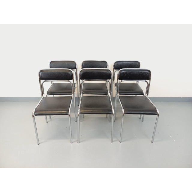 Vintage Italian Stackable Chairs in Chromed Metal and Black Imitation Leather, 1970s, Set of 6 For Sale - Image 12 of 18