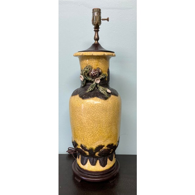 Chinese Export Style Jar / Vase Form Crackle Glaze Table Lamps W/ Fruit - Pair For Sale - Image 4 of 9
