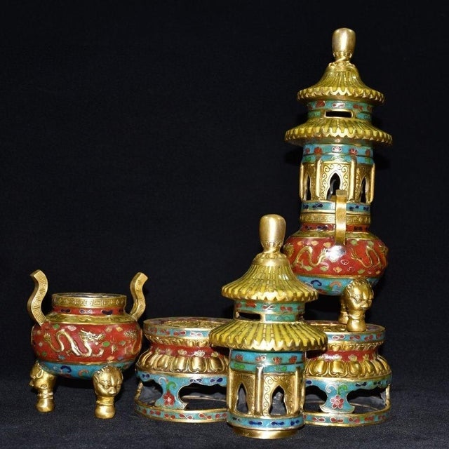 Blue Pair of Vintage Cloisonné Enamel & Gilt Bronze Pagoda Censers / Shrine Vessels For Sale - Image 8 of 9
