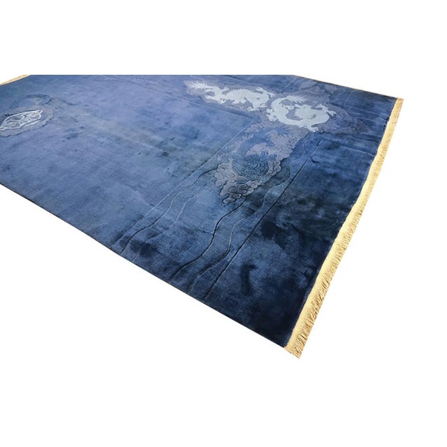 Art Deco 1920s Blue Dragon Modern Hand Knotted Antique Chinese Arto Deco Rug 9'x11' 8" Wool Carpet For Sale - Image 3 of 6